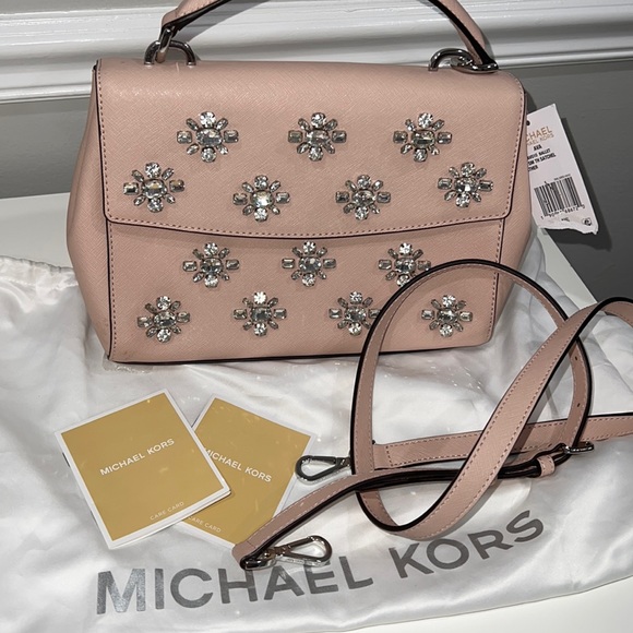 Michael Kors Beige Saffiano Leather Small Ava Crystal’s Top Handle Bag. - Picture 1 of 13